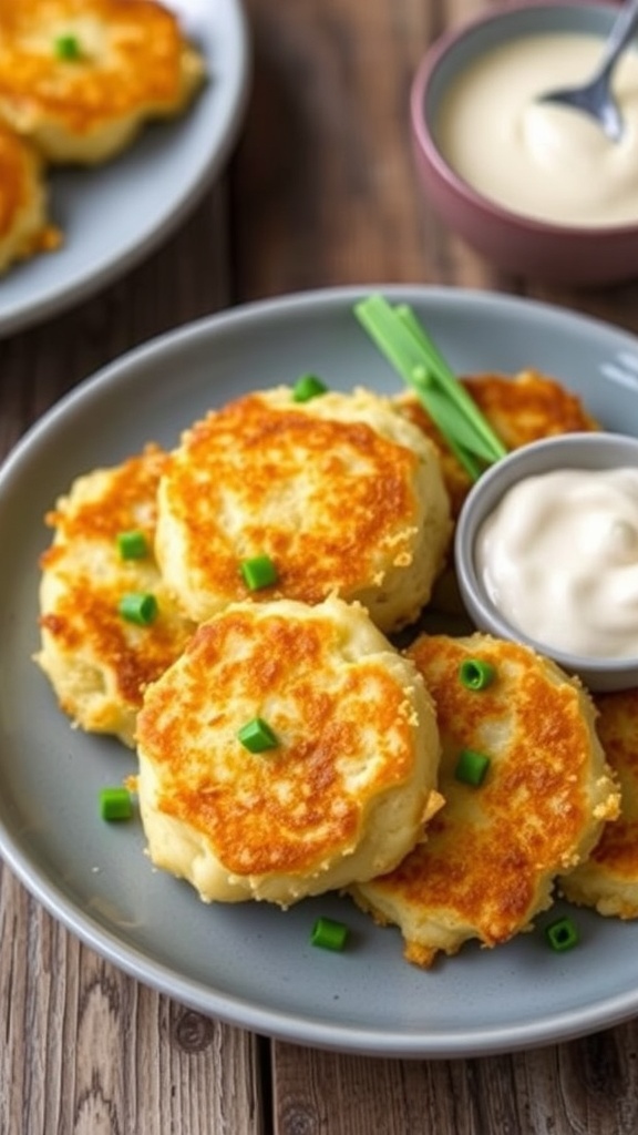 Crispy Mashed Potatoes Recipe Crispy mashed potato patties garnished with chives on a rustic plate.